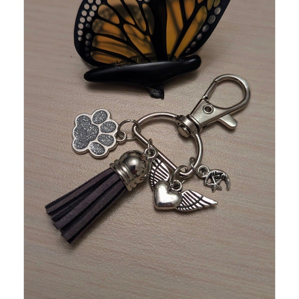Sympathy Heart Wing Glitter Silver Pet Paw Zipper Charms Clip Keychain